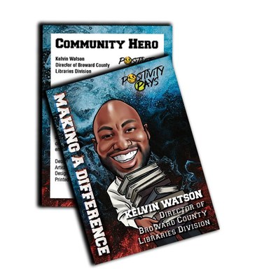 Broward County Library Director Kelvin Watson featured on Community Hero trading card.