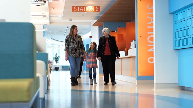 Sarah and Nellie Mainor with Gail Miller at Intermountain Primary Children's Hospital