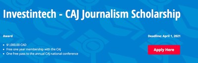 Applications now open for the Investintech-CAJ Data Journalism Scholarship (CNW Group/Canadian Association of Journalists)