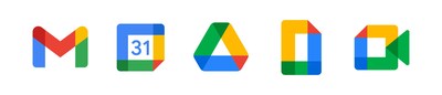 Google Workspace product icons (left to right): Gmail, Google Calendar, Google Drive, Google Docs, Google Meet