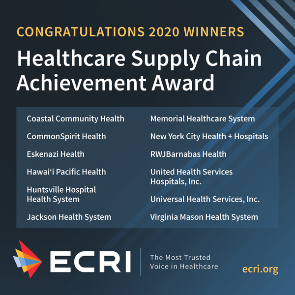 ECRI, an independent nonprofit organization that improves the safety, quality, and cost-effectiveness of patient care, announces the winners of its 2020 Healthcare Supply Chain Achievement Award. This ninth annual award recognizes twelve U.S. health systems for excellence in overall spend management and adopting best practice solutions into their supply chain practices. To learn more, visit www.ecri.org.