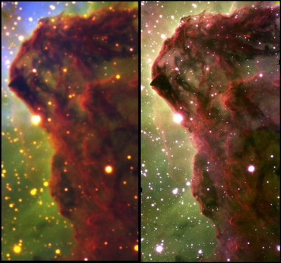 Two near-infrared composite images showing a 53 trillion km section of the Western Wall, a cloud of gas and dust in a star-forming region of the Carina Nebula. The right-hand image was taken by Patrick Hartigan, Turlough Downes and Andrea Isella with the 8.1-meter Gemini South telescope's wide-field adaptive optics imager in January 2018 and has about 10 times finer resolution thanks to a mirror that changes shape to correct for atmospheric distortion. The left-hand image was taken with the four-meter Blanco telescope's Wide-Field Infrared Imager in 2015 by Patrick Hartigan and colleagues. Both images show hydrogen molecules at the cloud's surface (red) and hydrogen atoms evaporating from the surface (green). (Images courtesy of P. Hartigan/Rice University)
