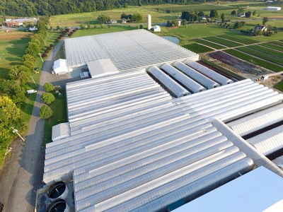 An aerial view of Edible Garden headquarters. The company operates thousands of acres of sustainable greenhouses and hydroponic farms.