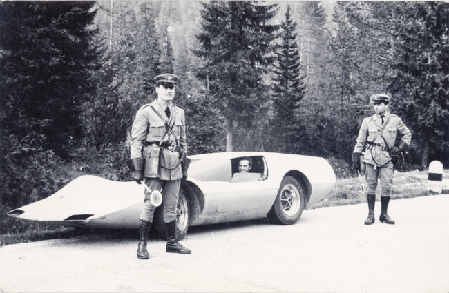 In 1967, John Bucci (Italian/American, 1935-2019) drove around Italy in his concept car 'La Trieste,' attracting mobs of curious, car-crazy citizens. Italian Polizia even pulled him over just to get a closer look at the futuristic vehicle, which was 100% street legal. Archival photo from the Estate of John Bucci.