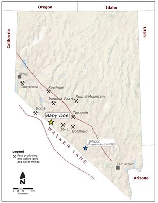 Location map showing the Baby Doe project located in the White Mountains, Esmeralda county, Nevada (CNW Group/Orogen Royalties Inc.)