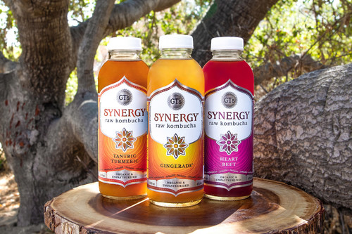 GT's Synergy root-centric Kombucha flavors (left to right): Tantric Turmeric, Gingerade, and Heart Beet. Always raw, organic, and fully fermented for 30 days just as Nature intended.