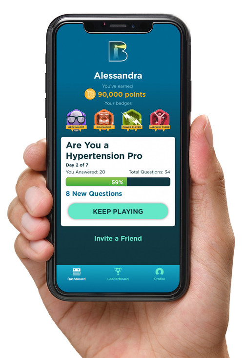 The Beacon Learning app's interactive dashboard screen displays current points accrued, badges earned and overall game status.