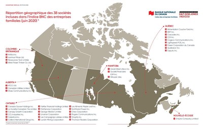 Répartition géographique des 38 sociétés incluses dans l’Indice BNC des entreprises familiales (juin 2020) (Groupe CNW/Banque Nationale du Canada)