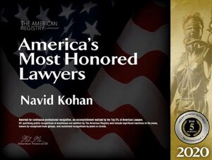 Los Angeles Bankruptcy and Personal Injury Attorney Navid Kohan Nationally Recognized As Top 5% of America's Most Honored Lawyers