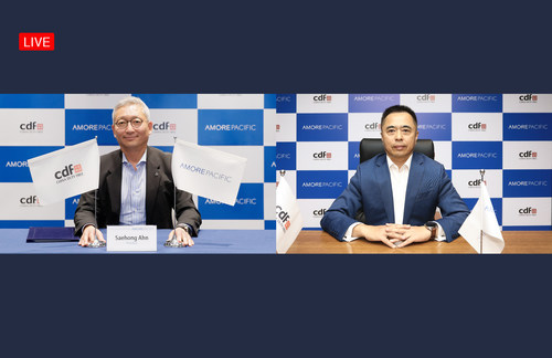 The partnership ceremony took place online with Amorepacific President Saehong Ahn(Left), CDFG President Charles Chen(Right)