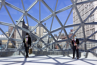 Co-Directors of the Lenape Center during the Blessing of Tammany Hall in the turtle-shaped dome that tops the new commercial building. The dome highlights the inspiration of the Lenape creation story in the architectural intervention by BKSK, and the importance of Lenape Chief Tamanend as the namesake of the political organization that came to be known as Tammany Hall, the original occupants of the historic building.