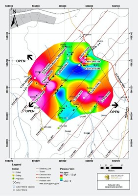Figure 1: Megapozo gold contours projected into plan. High-grade drill assays are open in three directions. (CNW Group/Outcrop Gold Corp.)