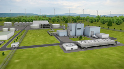 Artist’s rendering of the Natrium™ reactor and energy system, a sodium fast reactor paired with a molten salt system for heat storage and re-use. (Image courtesy of TerraPower.)