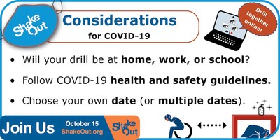 Graphic depicting COVID-19 considerations for holding ShakeOut drills. Other graphics, including the ShakeOut logo and Drop, Cover, and Hold On artwork, can be downloaded at ShakeOut.org/messaging in addition to key messages, drill broadcast narration recordings, and earthquake safety videos.