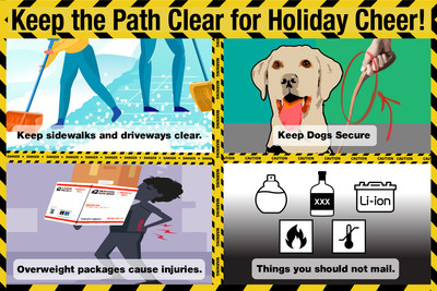 shoveling sidewalks, keep dogs secure, don’t over pack boxes, don’t ship prohibited items