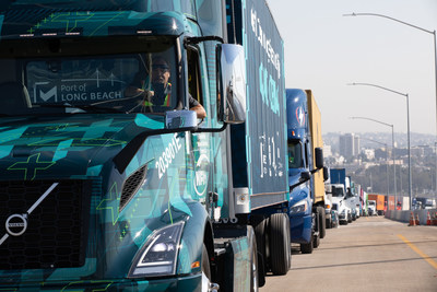 A Volvo VNR Electric recently led a clean-energy truck parade of Southern California fleet operators to commemorate the opening of the new Port of Long Beach bridge.