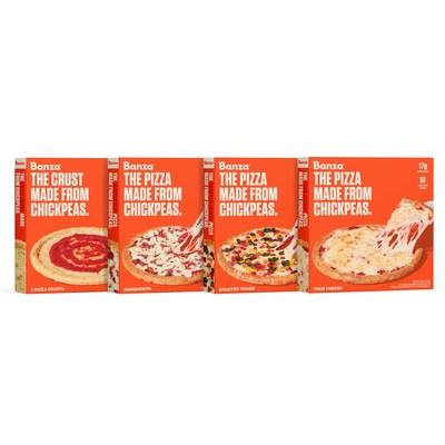 Banza Pizzas, Made from Chickpeas (from left to right: Plain Crusts, Margherita, Roasted Veggie, Four Cheese)