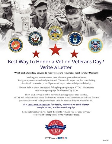VITAS Healthcare will collect and distribute handwritten letters to veterans in its communities and care facilities throughout the nation in time for Veterans Day on November 11. To participate, visit VITAS.com/WriteAVet for details, addresses to send a letter, sample letters and letter-writing tips.
