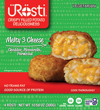 ÜRösti is launching a delicious new flavor: Melty 3 Cheese, which combines the savory perfection of blanched and seasoned potatoes with grated and seasoned cheeses.