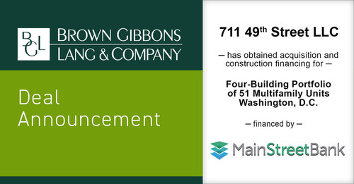Brown Gibbons Lang & Company (BGL) is pleased to announce the acquisition of a four-building multifamily portfolio in Washington, D.C. on behalf of RLP Investments LLP (RLP). In total, the portfolio consists of 51 units and 36,324 square feet of multifamily real estate, approximately 10 miles east of downtown Washington, D.C. BGL’s Real Estate Advisors Group served as the exclusive financial advisor to RLP in the transaction.