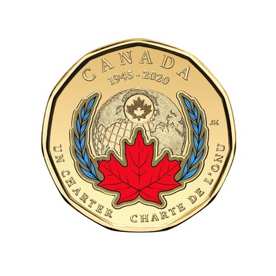 El loonie colorido de la Real Casa de la Moneda de Canadá conmemora el 75.° aniversario de la firma de la Carta de la ONU