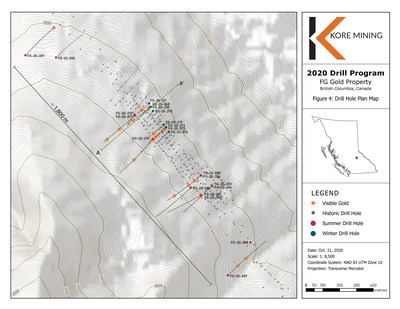 Figure 4 – Drill Hole Plan Map with Visual Gold Intercepts (CNW Group/Kore Mining)