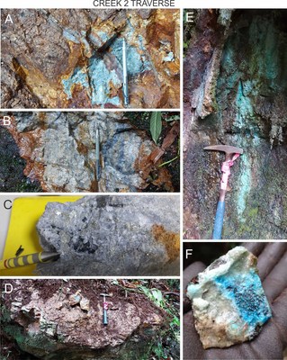 Figure 4. Field photographs of the Shakai discovery zone. Creek 2 Traverse: A: Stockwork of quartz pyrite chalcocite veins. B: Banded pyrite-silica veins with covellite-chalcopyrite. C: Chalcocite mineralization in pyrite, sericite silica altered intrusive rock. D: Massive quartz vein with pyrite bands. E. Secondary copper staining in fracture surfaces. F. Copper silicate mineralization in quartz/sericite. (CNW Group/Luminex Resources Corp.)