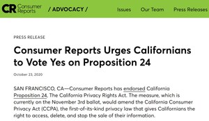 Prop 24 Campaign Announces Major Endorsement from Consumer Reports