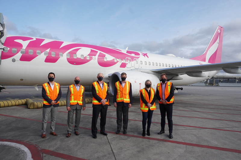 Swoop and GTAA representatives see off the ultra-low fare airline's inaugural flight from Toronto Pearson International Airport. Pictured left to right: Julien Carron, John Sharp and Craig Bradbrook of GTAA, alongside Charles Duncan, Colleen Ham and Bert van der Stege of Swoop. (CNW Group/Swoop)