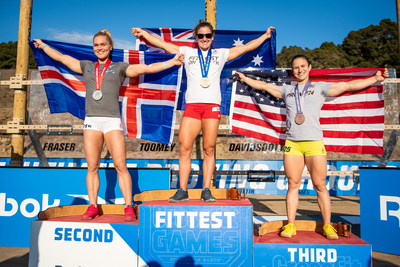 Australian Tia-Clair Toomey, Iceland's Katrin Davidsdottir, and American Kari Pearce finish first, second, and third in the 2020 Reebok CrossFit Games