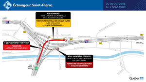 Autoroute 20 et route 138 dans l'arrondissement de Lachine à Montréal - Entraves dans l'échangeur Saint-Pierre durant la fin de semaine du 30 octobre 2020