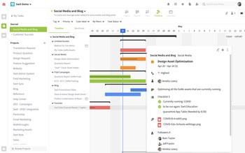 Swit's Timeline view sorts the tasks in project Social Media and Blog in Gantt chart. The default Timeline view shows the tasks by buckets (custom groups set by users) while the alternative Workload view sorts the tasks by assignees of the tasks.