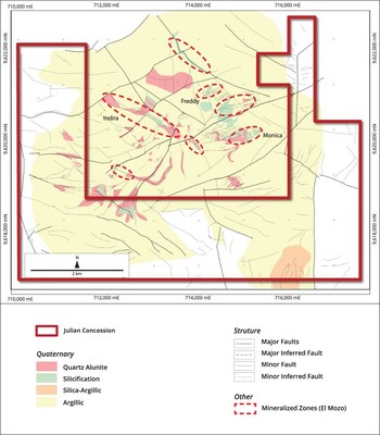 Figure 1: Alteration map of the Property and the adjacent El Mozo high-sulphidation epithermal gold deposit. Known gold mineralization at El Mozo is shown. (From Julian NI43-101 Technical Report, March 31, 2020) (CNW Group/Oro X Mining Corp.)