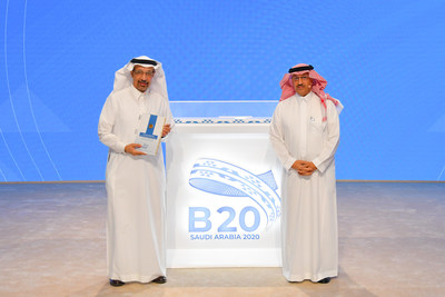 G20 representative and Saudi Minister of Investment, His Excellency Khalid Abdulaziz Al-Falih receives B20 Saudi Arabia's policy recommendations from Chair Mr. Yousef Al-Benyan 