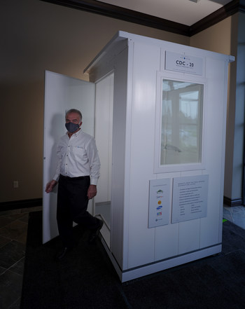 Viral Defense walk-through booths utilize a fine mist of nano-particles to safely deactivate viruses on people minimizing the germs they bring into a venue. There is no residual wetness.
