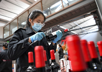 A staff member conducts sampling inspection to the finished wine products at the Xige Estate in northwest China's Ningxia Hui Autonomous Region, April 10, 2020. Workers of wine companies in the east Helan Mountain area are busy with farm work in grape plantation and making efforts to take orders to promote local wine industry.