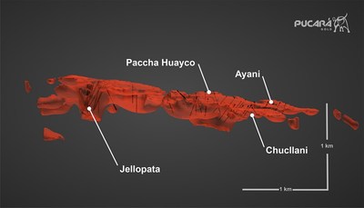 Figure 4. Lourdes three dimensional IP resistivity anomaly viewed to the north showing the Jellopata and Paccha Huayco diatremes and lateral stratiform silicic alteration, locally gold-bearing in the outcropping portion of the Ayani and Chucllani Zones (CNW Group/Pucara Gold Ltd.)