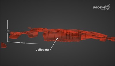 Figure 3. Three dimensional rendition of the Jellopata IP resistivity anomaly and proposed drill holes showing structural and stratiform morphologies, view to east. (CNW Group/Pucara Gold Ltd.)