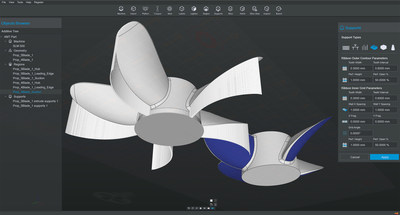 HP Universal Build Manager Powered by Dyndrite screenshot depicting a build for a SLM 500 machine with two propeller files imported as CAD data. Colored surface CAD data was used to automatically generate ribbon supports for this Laser Powder Bed Fusion process.