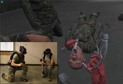 Unites States Air Force (USAF) special operations ground forces training in virtual reality using the SimX medical simulation platform, as part of the Virtual Advancement of Learning and Operational Readiness (VALOR) program.