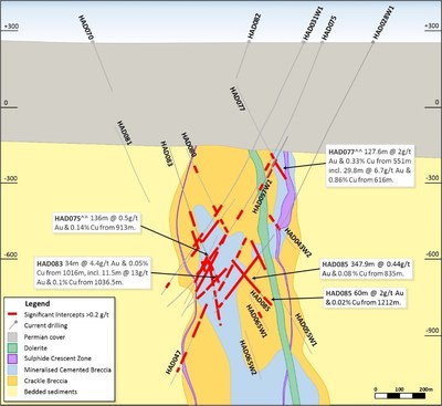 Figure 12. Schematic cross section (looking north, Section Line 2a-2b, 200m section width, as shown in Figure 10). (CNW Group/Newcrest Mining Limited)