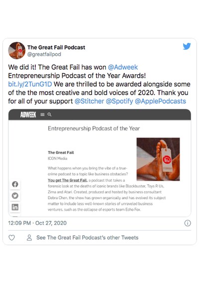 The Great Fail podcast has won Best Entrepreneurship Podcast at Adweek's Podcast of the Year Awards
