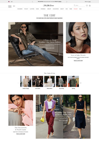 "The Edit" on saks.com features shoppable editorial content, including seasonal trend stories and influencer-curated product arrays