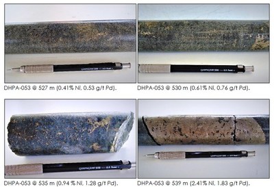 Figure 5: Photographs of drill core. Top row shows examples of fine disseminated nickel sulphide mineralisation. The lower left shows coarse grained disseminated to semi-massive mineralisation. The lower right shows a short interval of massive nickel sulphide mineralisation. Grades are for the 1m intervals samples in that location. Higher sulphide content relates to higher nickel and platinum group element grades. 