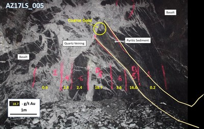 Figure 2: Face of ore drive in sedimentary horizon on A Zone shear. Coarse gold is found on the margin of the shear-related quartz vein in contact with the pyrite-rich Lunnon sediment. (CNW Group/Karora Resources Inc.)