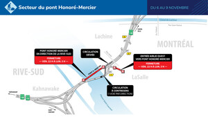Route 138 entre Kahnawake et Montréal (arrondissement de LaSalle) - Une voie ouverte par direction sur le pont Honoré-Mercier durant la fin de semaine du 6 novembre