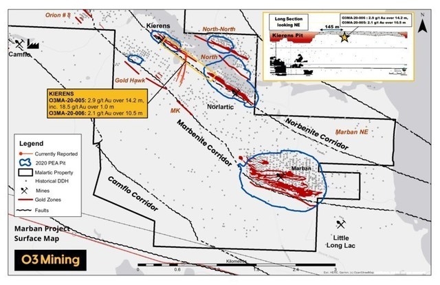 Figure 2 : Résultats de forage projet Marban (Groupe CNW/O3 Mining Inc.)