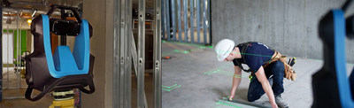 Le projecteur de plan de construction  l'chelle relle. Le FramR et un travailleur en action (Groupe CNW/Mechasys)