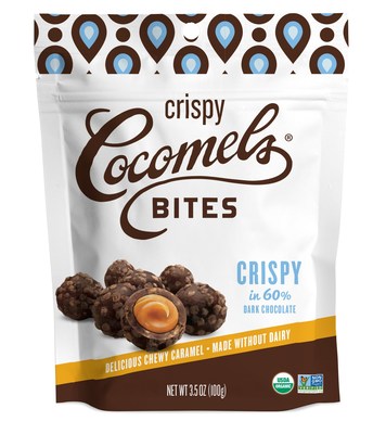 NEW Crispy Cocomels Bites are organic, non-GMO, vegan-friendly and crafted without dairy, gluten, cholesterol or corn syrup. Our top selling Cocomels Bites now with added crunch - crisped quinoa has been added to the 60% dark chocolate coating to make our bites even more poppable and snackable than ever!