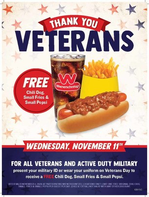 On November 11th, Wienerschnitzel offers veterans and active-duty military personnel a FREE a Chili Dog, small fries and small Pepsi as a token of their appreciation for their service on Veterans Day. To redeem the offer, wear your uniform or bring your military ID to any participating Wienerschnitzel on Veterans Day and present at time of purchase.